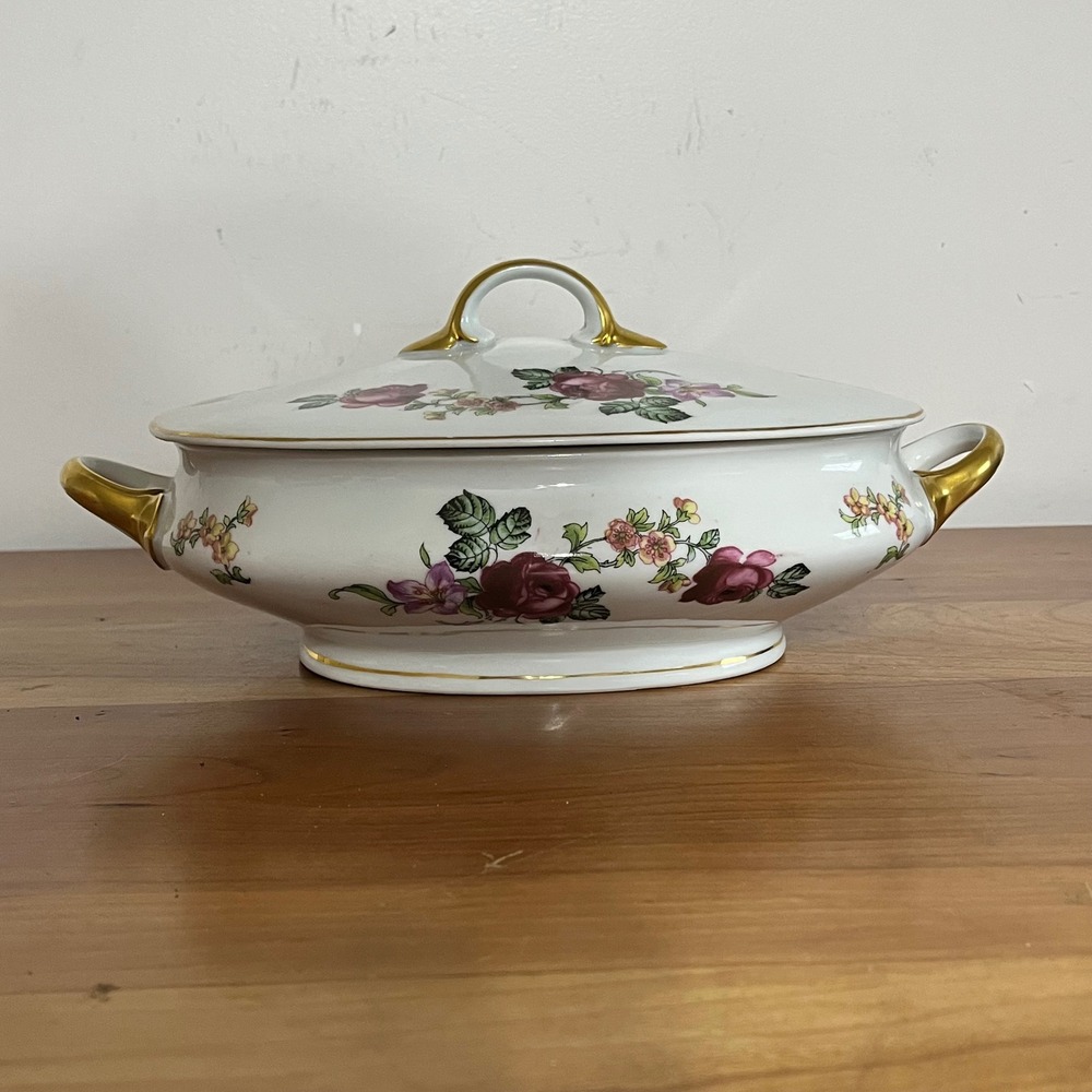 Epiag Royal Czechoslovakia Floral Porcelain Lidded Tureen Gold Handles Vintage